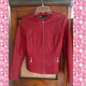 ZARA Women's Red Faux Leather Zip-Front Jacket